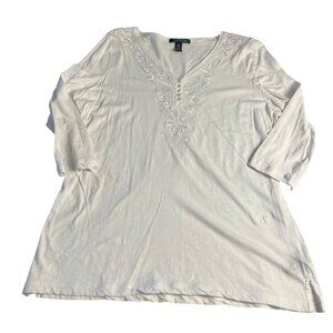 Lauren Ralph Lauren White Embroidered Tunic Top 3/4 Sleeves V-Neck L button